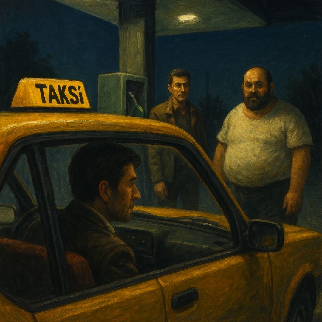 Alevi Sünni çatışması hikaye sahnesi; 1980’lerde geçen kısa öyküde baş karakter taksinin içinde otururken, benzinlikte iki adamla gerilimli gece atmosferi.