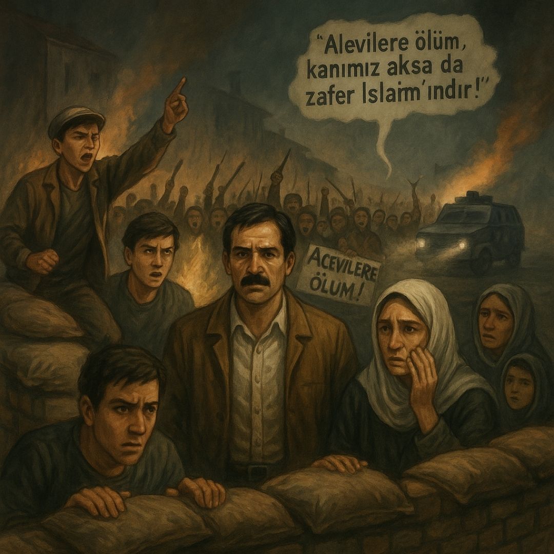 Çorum Olayları sırasında barikatta direnen halk, karşıdan yaklaşan silahlı gruplar ve ortamda yükselen gerginliği anlatan detaylı bir sahne; gençlerin barikat savunması ve karanlık mahalle atmosferi.