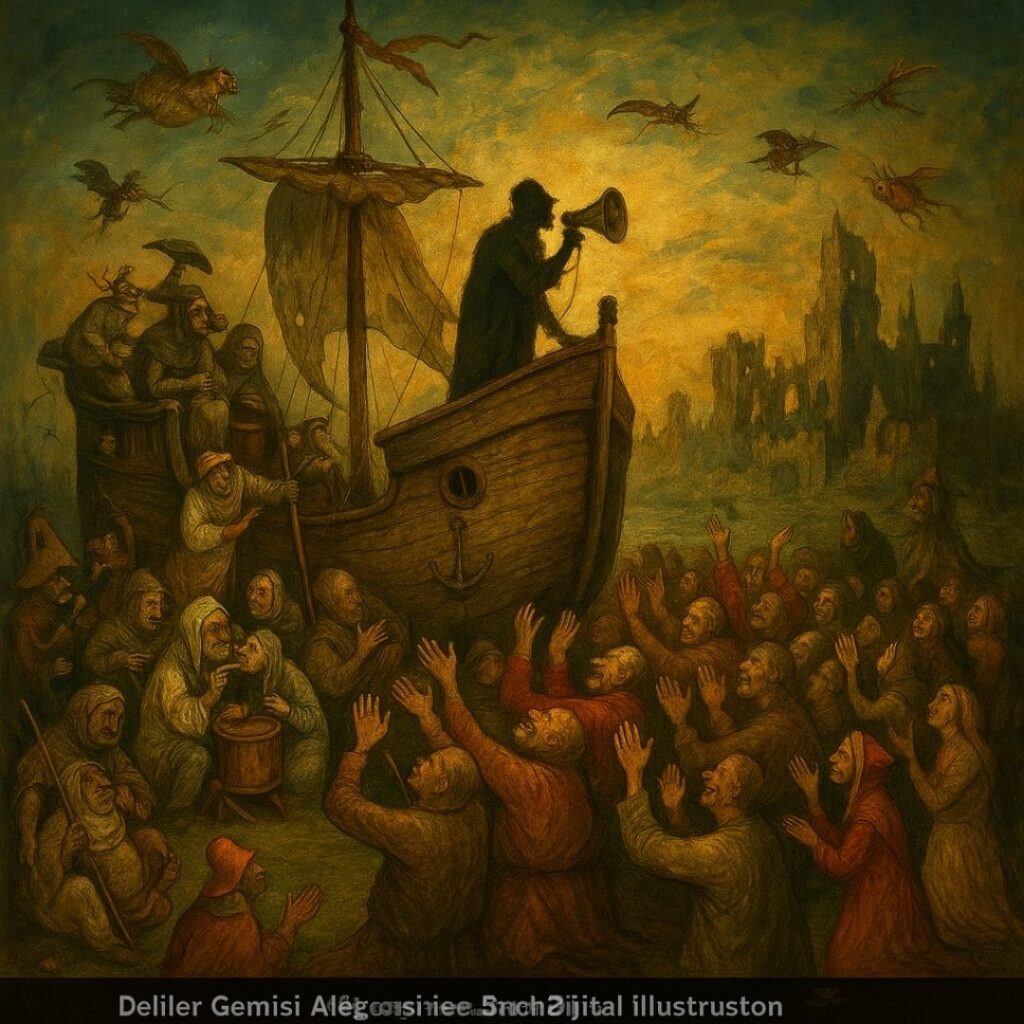 Hieronymus Bosch tarzında çizilmiş, kalabalık bir insan topluluğunu ve gemi üzerindeki figürü gösteren Deliler Gemisi temalı dijital illustrasyon.