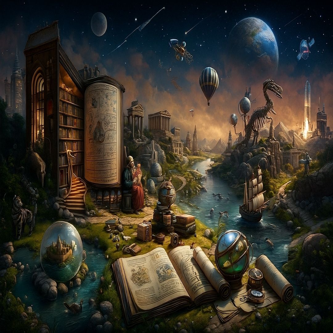 Faydasız Bilginin Faydası Abragam Flexner’ın “Faydasız Bilginin Faydası” düşüncesini alegorik biçimde anlatan Bosch tarzı panoramik sahne; kitaplar, semboller, figürler ve bilgi katmanlarıyla dolu sürreal kompozisyon.