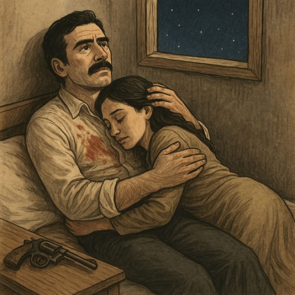 “Günay Aktürk’ün İç Savaş adlı öyküsünün final sahnesini betimleyen çizim: Yorgun bir adam ve eşi, karanlık bir gecede birbirlerine sarılmış şekilde yerde uzanıyor; arka planda pencere ve masanın üzerinde bir tabanca görülüyor.”