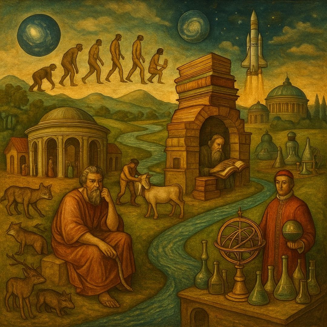 Bosch tarzında çizilmiş; evrim, evcilleştirme, İskenderiye Kütüphanesi, Herakleitos, yapay seçilim, bilim, teknoloji, NASA ve nehir temalarını birleştiren panoramik bilim sahnesi.