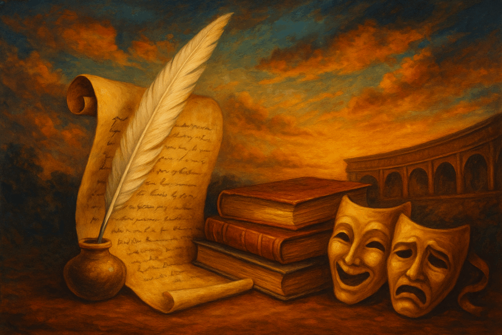 Shakespeare ruhunu yansıtan tüy kalem, eski kitaplar ve tiyatro maskeleriyle hazırlanmış edebi illüstrasyon