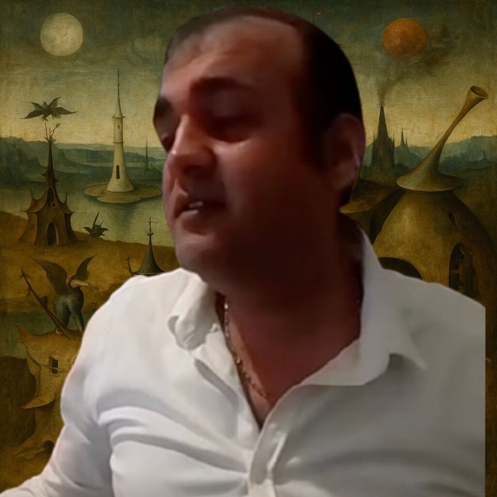 Neyzen Tevfik’in “Sosyete” şiirini seslendiren Günay Aktürk’ün fotoğrafı; beyaz gömlekli, kütüphaneli ortamda çekilmiş bir görüntü.