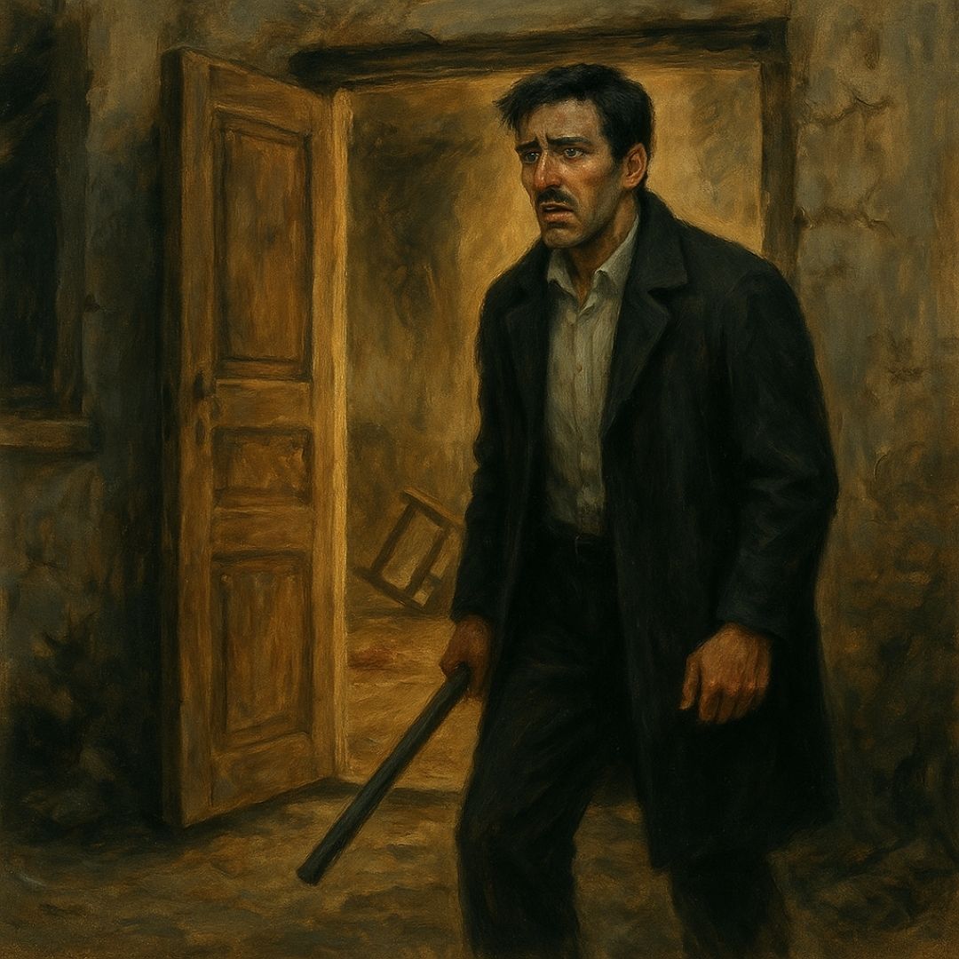 Elinde demir çubuk tutan bir adamın, karanlığa gömülmüş evin kapısına dehşet ve endişe içinde baktığı dramatik sahne. Türkiye iç savaş temalı öykü için hazırlanmış duygusal illüstrasyon.