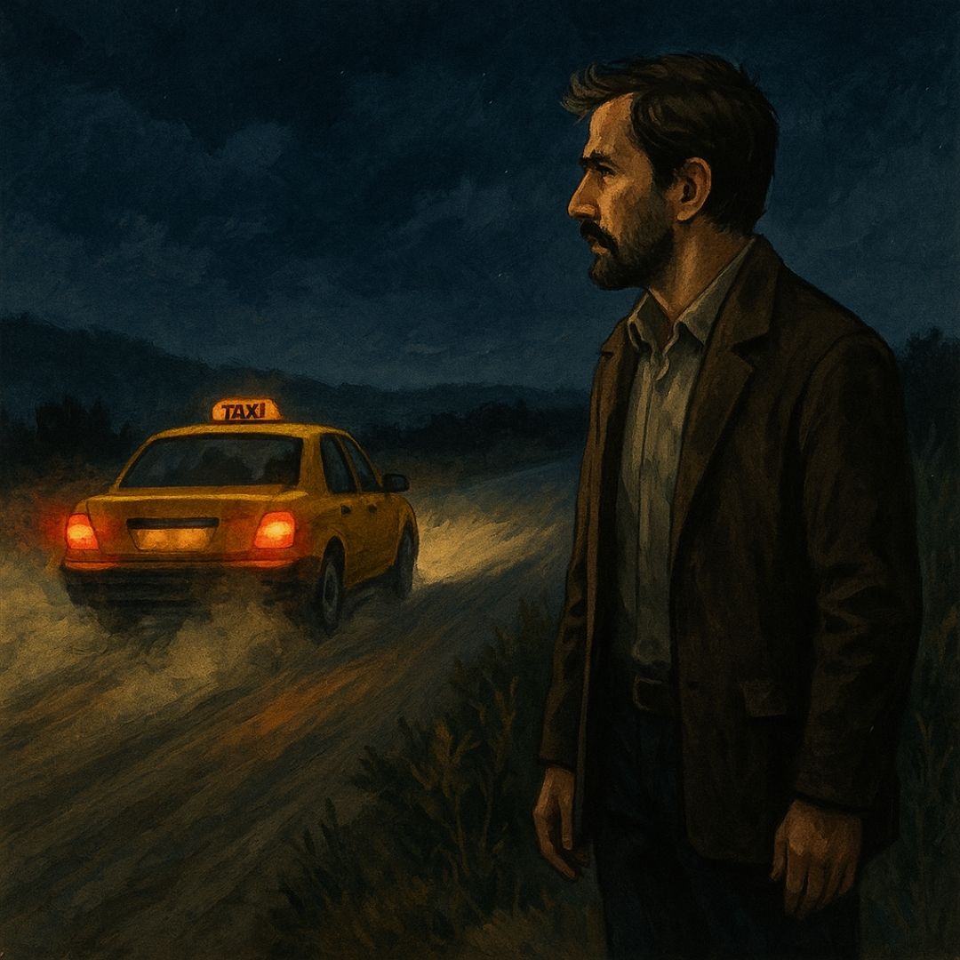 Gerilim öyküsü sahnesi; baş karakter karanlık yolda taksiden inmişken, taksi hızla uzaklaşıp tozu dumana katarak geride bırakıyor.