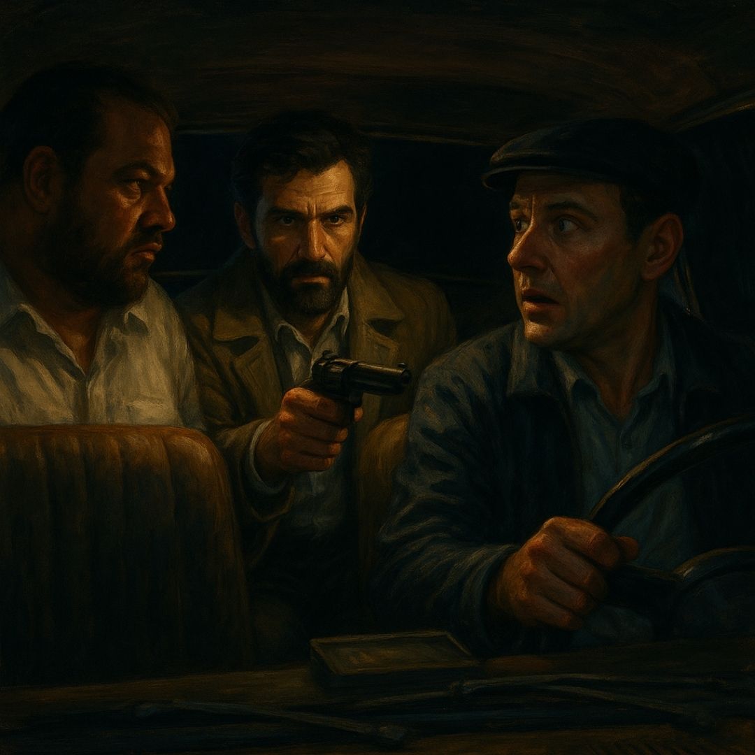 Karanlık öyküler temalı bu sahnede, eski bir taksinin içinde üç adam görünür. Arka koltuktaki baş karakter ciddi bir ifadeyle öne bakarken, şoför ve benzinci gergin bir atmosfer yaratır. 1980’ler Türkiye’sinin toplumsal çatışmalarını yansıtan öykü sahnesi.