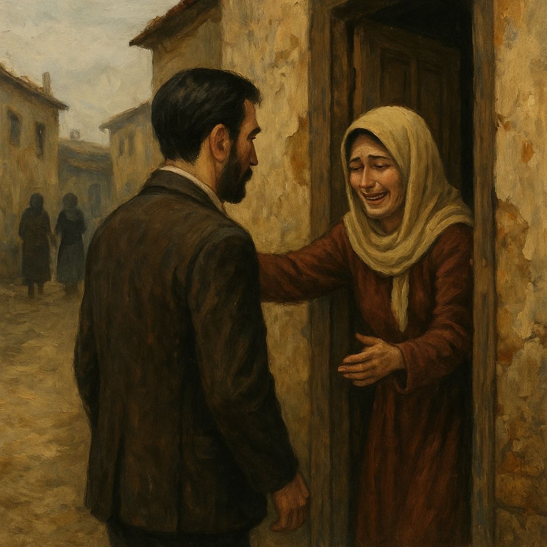 “Köy katliamı hikayesi sahnesi — Adamın kardeşinin yaşadığı kasabaya gelişi, barikatlı sokaklar, tedirgin kadınlar ve kapıda karşılayan kız kardeş Seval.”