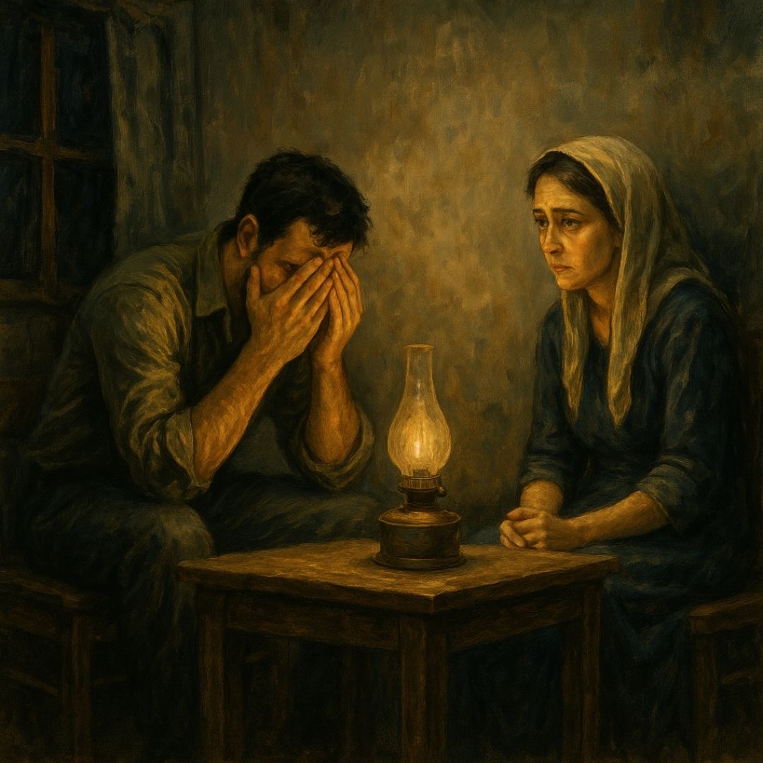 Psikolojik kısa hikaye sahnesi: 1980’lerin karanlık ortamında, evin içinde gerilim ve korku içinde konuşan bir çift, pencereden dışarıyı kontrol eden adam ve ağlayan kadın.