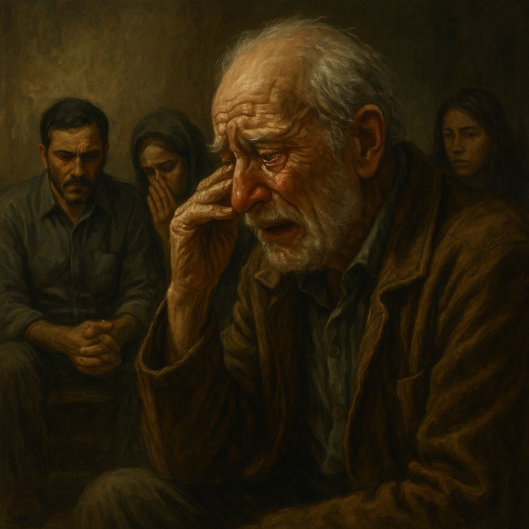 Toplumsal çatışma öyküsü sahnesinde yaşlı bir adam, köyde yaşanan katliamı anlatırken gözyaşlarına boğulmuş; etrafında acı içindeki aile üyeleriyle dramatik bir atmosfer oluşturulmuş.