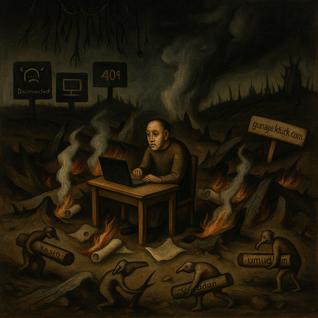 Yazar ve şair Günay Aktürk’ün yaratım sürecindeki tükenmişlik ve yeniden doğuş temasını betimleyen sembolik çizim.