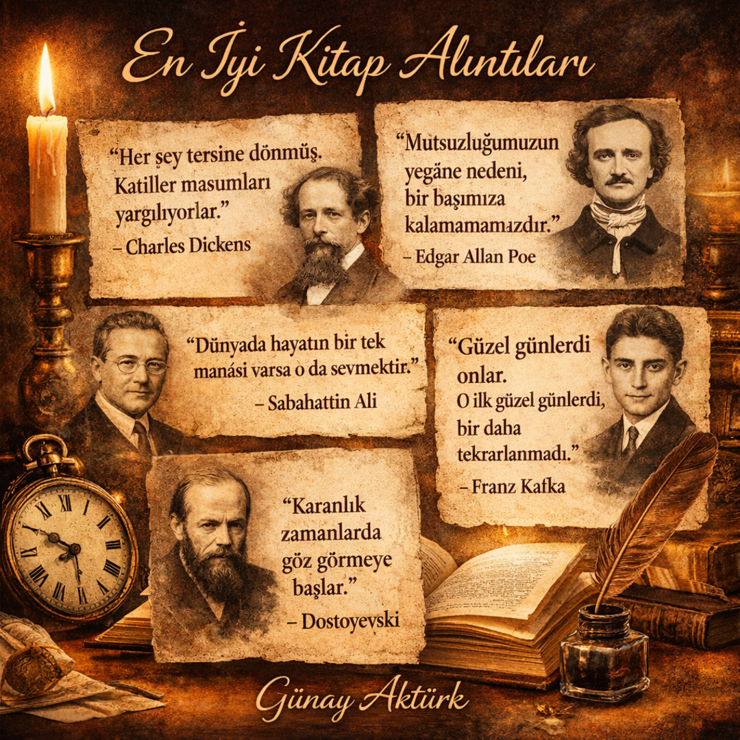 Dünya edebiyatının önemli yazarlarından seçilmiş kitap alıntılarını temsil eden edebi kolaj görseli