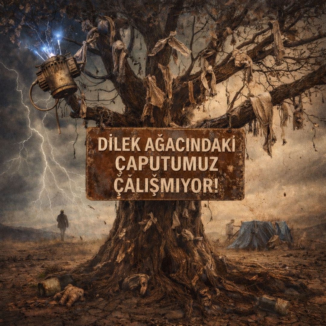 Dilek ağacına bağlanmış çaputlar ve çalışmayan dilek metaforunu temsil eden ironik görsel