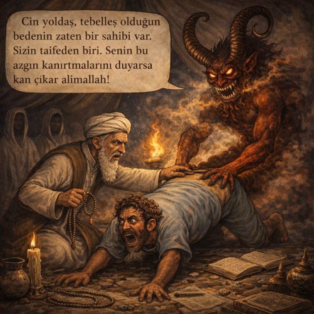 Cin çıkarma sahnesini hicivli biçimde anlatan illüstrasyon, hocanın cinle konuştuğu ve hastanın yerde olduğu karanlık ritüel sahnesi