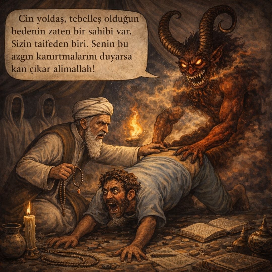 Rüyada Cin Görmek Cin çıkarma sahnesini hicivli biçimde anlatan illüstrasyon, hocanın cinle konuştuğu ve hastanın yerde olduğu karanlık ritüel sahnesi