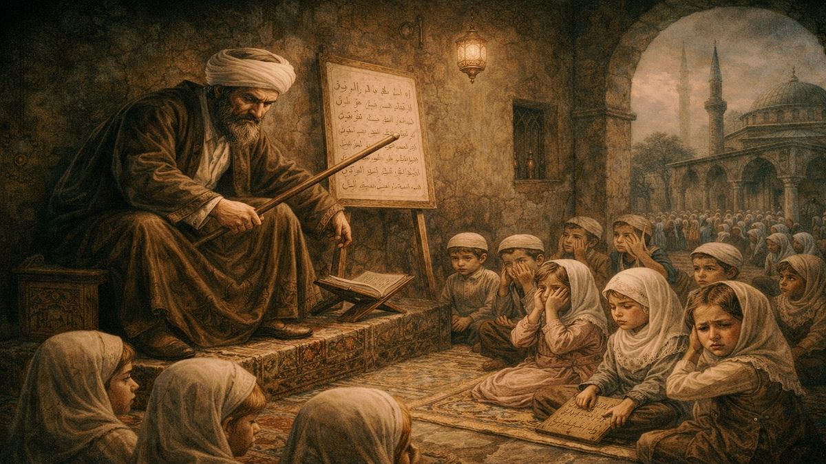 Osmanlı sıbyan mektebi modelinin günümüzde yeniden uygulanmasını eleştirel biçimde betimleyen illüstrasyon