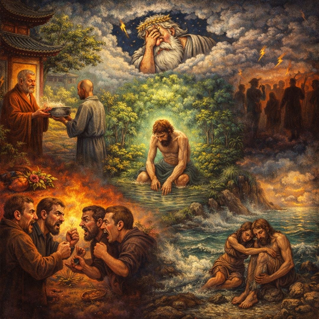 Herkesin tanrısı kendine benzer temasını anlatan Bosch tarzı çok sahneli illüstrasyon, tapınak sahnesi, cennette çöken Adem ve dünyaya vuran Adem ile Havva