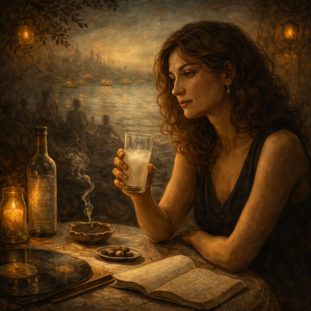 Rakı içen kadın rakı masasında gülümserken, zarafet ve sessiz mutluluk