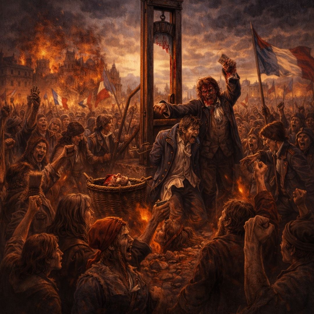 İki Şehrin Hikayesi romanında Fransız İhtilali sırasında kalabalığın öfke ve coşku içinde adaleti yitirdiği sahne
