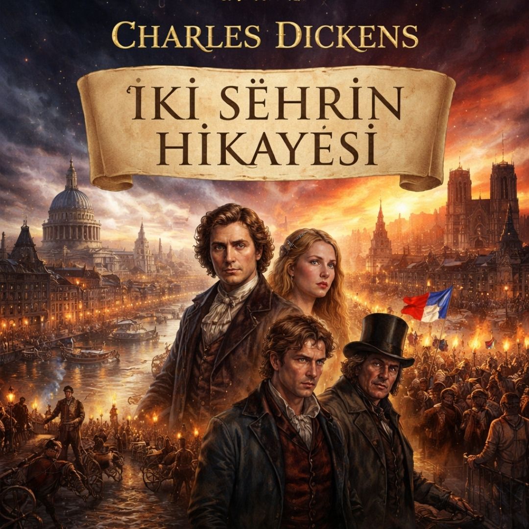 İki Şehrin Hikayesi – Charles Dickens romanını temsil eden Londra ve Paris manzaralı illüstrasyon