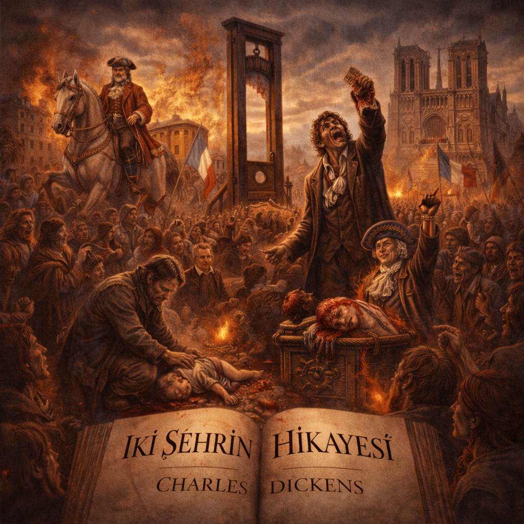 İki Şehrin Hikayesi romanında Fransız İhtilali ile bir çağın kapanıp yeni bir çağın açılışını simgeleyen sahne
