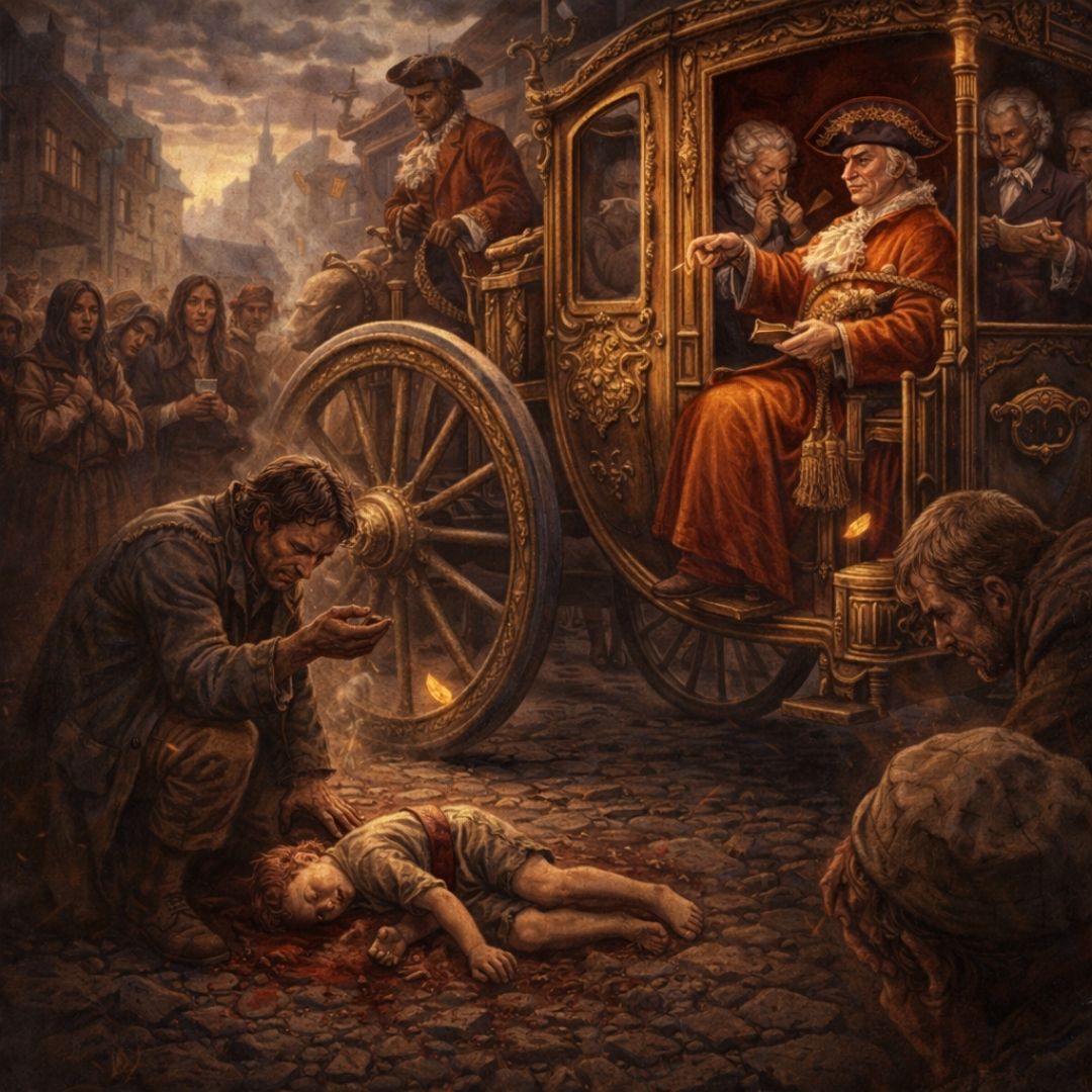 İki Şehrin Hikayesi romanında monarşi döneminde soyluların halk üzerindeki baskısını simgeleyen sahne