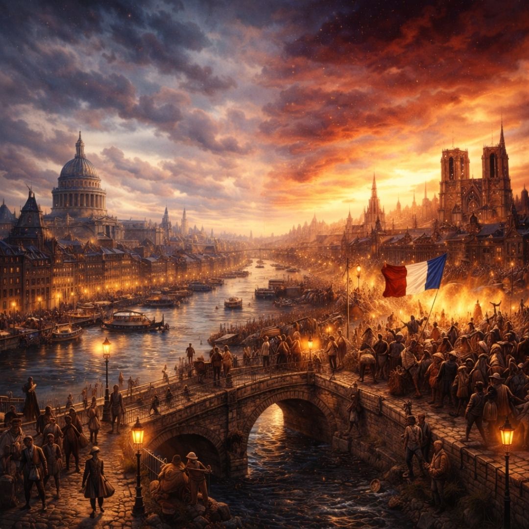 İki Şehrin Hikayesi romanını simgeleyen, 18. yüzyıl Londra ve Paris manzaralarını karşılaştıran illüstrasyon