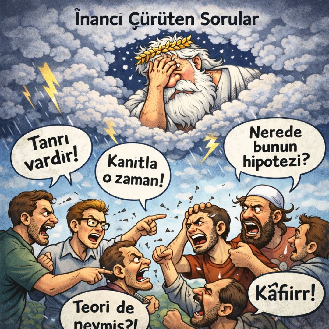 inancı çürüten dini sorular İnancı çürüten sorular anlatan karikatür, gökte hayal kırıklığına uğramış tanrı ve aşağıda öfkeli şekilde tartışan insanlar