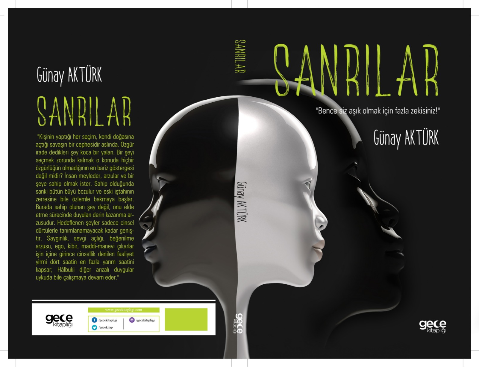 Sanrılar romanı Günay Aktürk kitap kapağı, insan yüzünün aydınlık ve karanlık iki yönünü simgeleyen psikolojik roman görseli