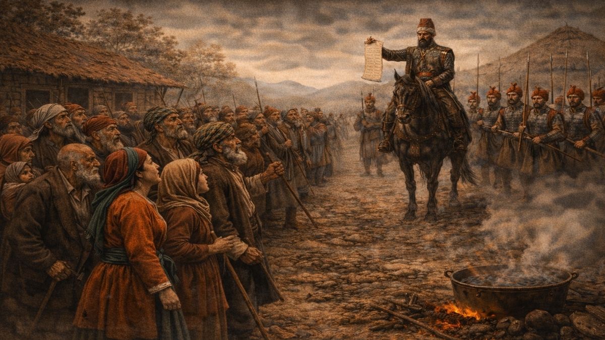 16. yüzyılda Anadolu’da yoksul Alevi köylülerinin, kadın ve erkeklerin birlikte Osmanlı fermanını okuyan atlı tahsildara baktığı tarihsel sahne