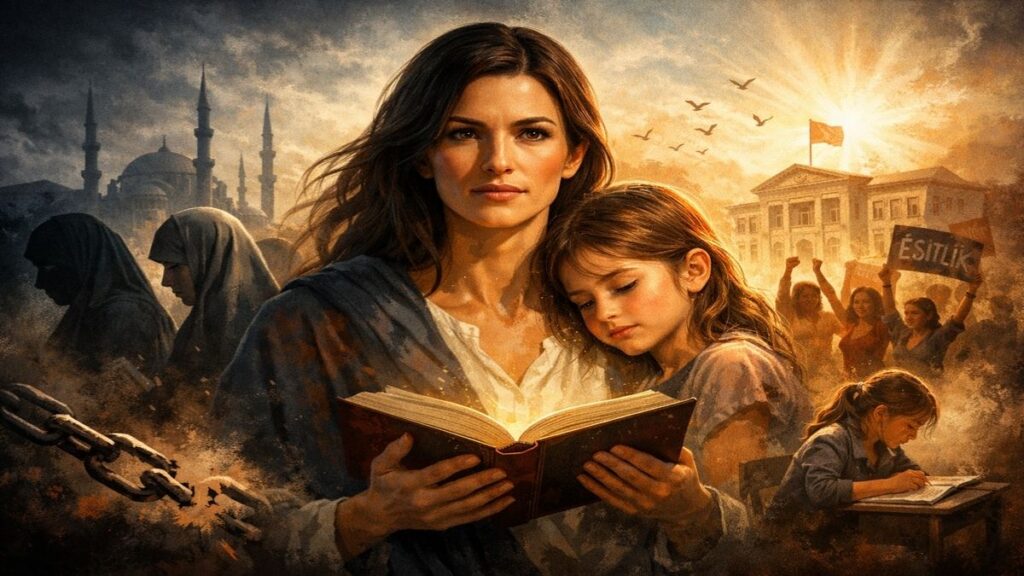 Cehaletin en büyük düşmanı kadındır temasını anlatan; elinde kitap tutan eğitimli bir kadın ve yanında geleceği temsil eden bir kız çocuğunu gösteren illüstrasyon