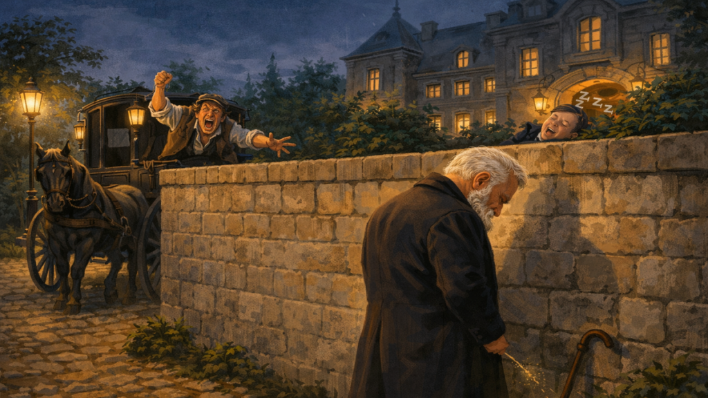 Victor Hugo’nun malikanesinin önünde, bir faytoncunun bağırdığı sırada umursamazca duran yaşlı Victor Hugo’yu tasvir eden mizahi illüstrasyon