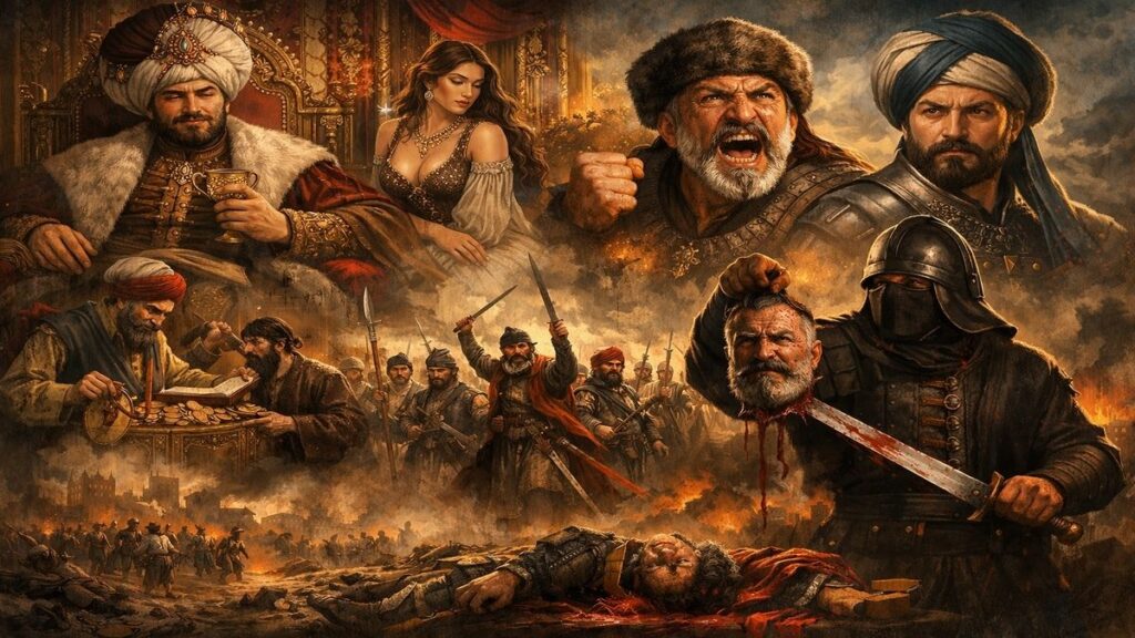 Osmanlı’da Deyyusu Ekber olarak anılan İbşir Paşa, Varvar Ali Paşa ve Sultan I. İbrahim dönemindeki isyanı betimleyen tarihsel illüstrasyon