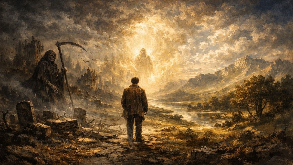 Gaflet Uykusu – Alegorik Şiirsel Anlatım Gaflet Uykusu şiirini temsil eden alegorik Bosch tarzı sahnede, kabir, çürümüş dünya ve uyanış yolunda yürüyen insan figürü