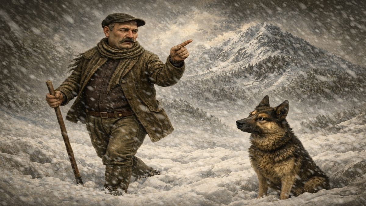 Kar fırtınasında yürüyen İsmail konuşurken, kurt köpeği Hayırsız yan gözle küçümseyerek bakıyor