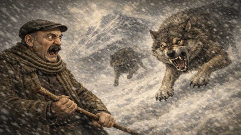 Kurt hikayesinde kar fırtınası altında dağdan inen iri kurtlar, yaklaşan tehlike