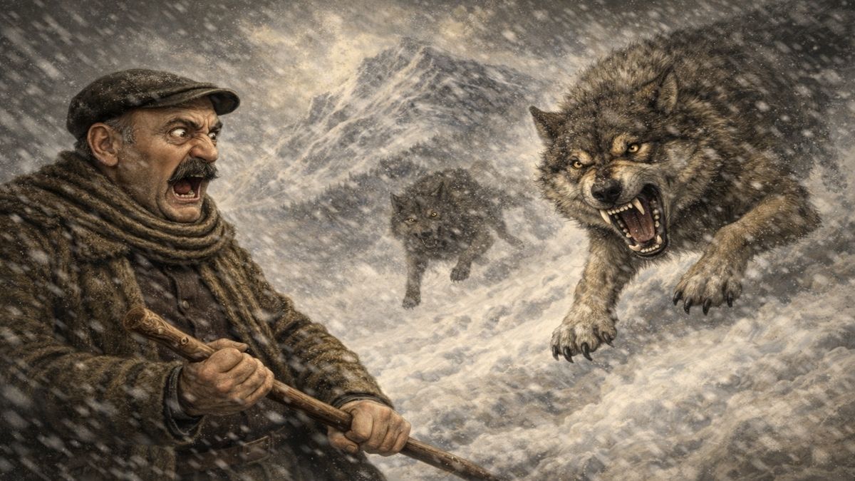 Kurt hikayesinde kar fırtınası altında dağdan inen iri kurtlar, yaklaşan tehlike