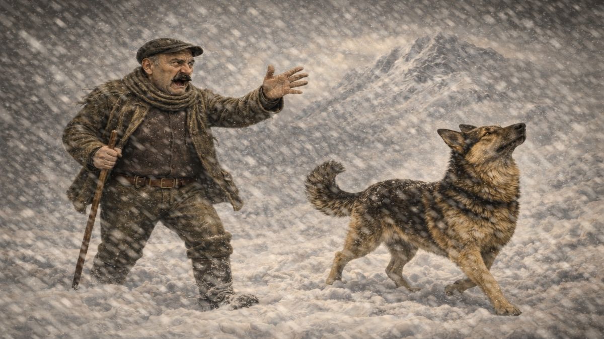 Kurt Hikayesi’nden bir sahne: İsmail kar boran fırtınasında söylenerek yürürken, Hayırsız adlı kurt köpeği kibirli ve umursamaz bir tavırla önden ilerliyor