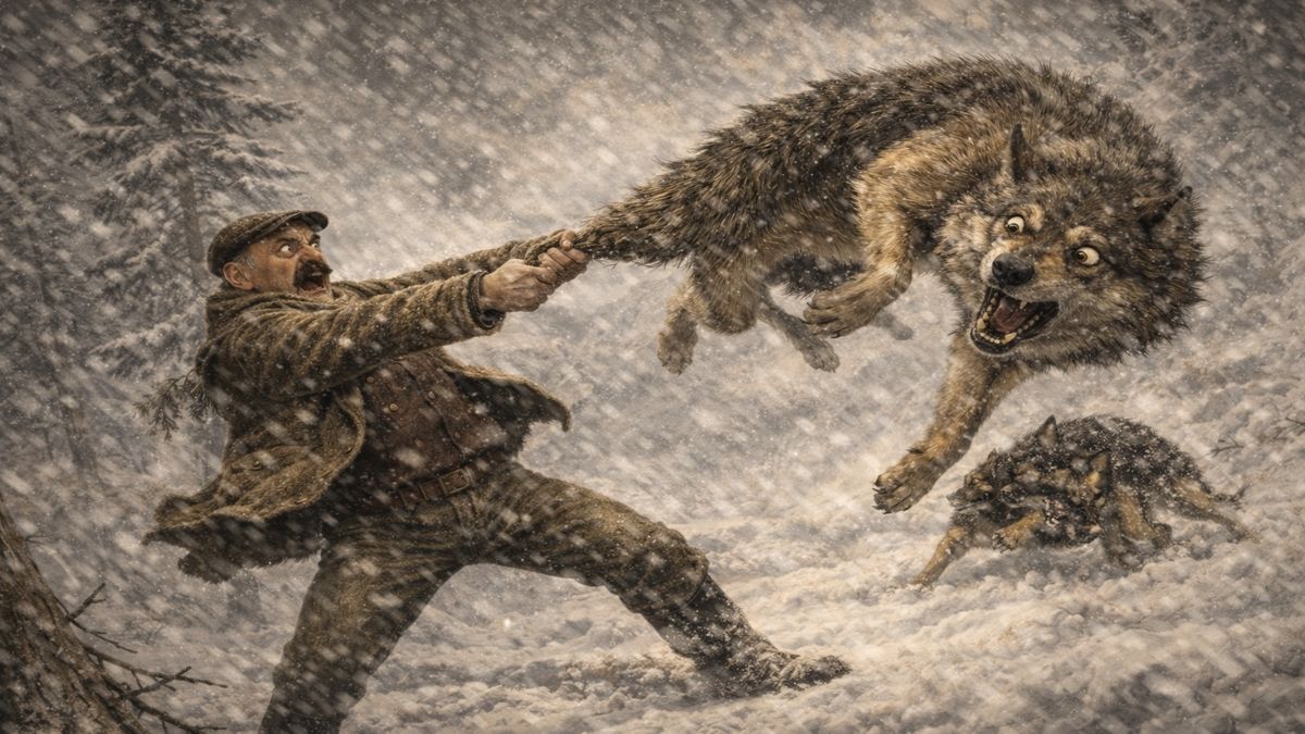 Kurt hikayesinde İsmail’in azgın kurdun kuyruğunu yakaladığı abartılı mücadele anı