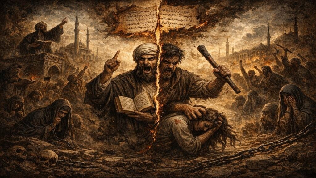 Nisa 34 İslamda kadının yeri tartışmasını simgeleyen, dini söylemle meşrulaştırılan erkek şiddetini ve ayetlerin çarpıtılmasını anlatan Bosch tarzı alegorik sahne