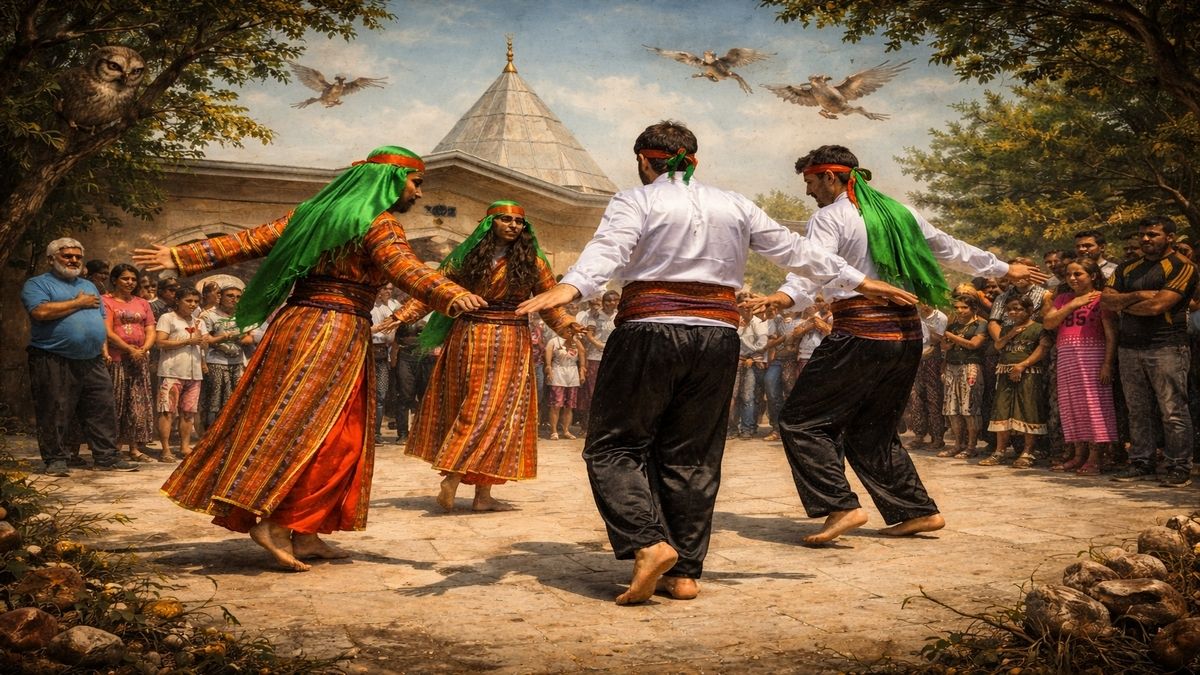 Anadolu’da bir Alevi cemevinde kadın ve erkeklerin birlikte semah döndüğü, geleneksel kıyafetler ve izleyici canlarla çevrili sahne