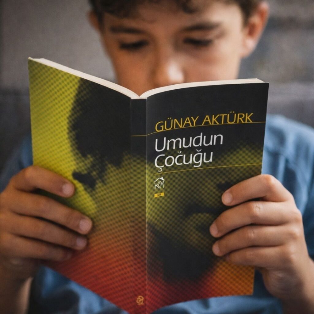Bir çocuğun elinde tuttuğu “Umudun Çocuğu” adlı kitabın kapağının net biçimde göründüğü, edebi temalı bir sahne