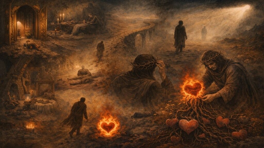 Uslanmaz Gönül şiirindeki çöl, sabır, çile, sevda ve diriliş imgelerini tek karede birleştiren çok katmanlı alegorik illüstrasyon