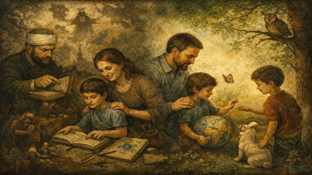 Allah korkusu ile vicdan eğitimi arasındaki farkı, çocuklar üzerinden anlatan alegorik illüstrasyon
