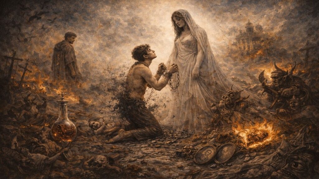 Gençlik tutkusu, diz çöken erkek figürü ve büyüye dönüşmüş sevdanın etrafını saran grotesk varlıklarla anlatılan Bosch tarzı alegorik sahne