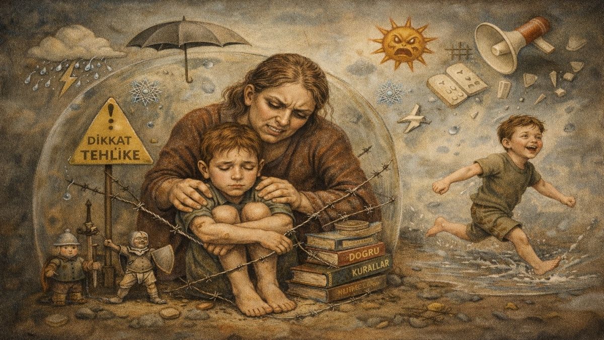 Annelik Yapmak mı? Koruma ile Boğma Arasındaki İnce Çizgi Aşırı koruyucu annenin çocuğu güvenlik çemberi içinde tutarken, özgürce koşan çocuğun dış dünyayı deneyimlemesini anlatan alegorik sahne