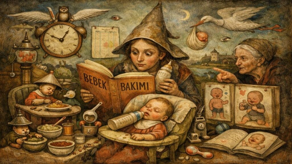 Kitaplara bakarak bebek besleyen, saate ve ölçülere odaklanmış annenin, çocuğun ihtiyaçlarını hissedememesini anlatan alegorik sahne