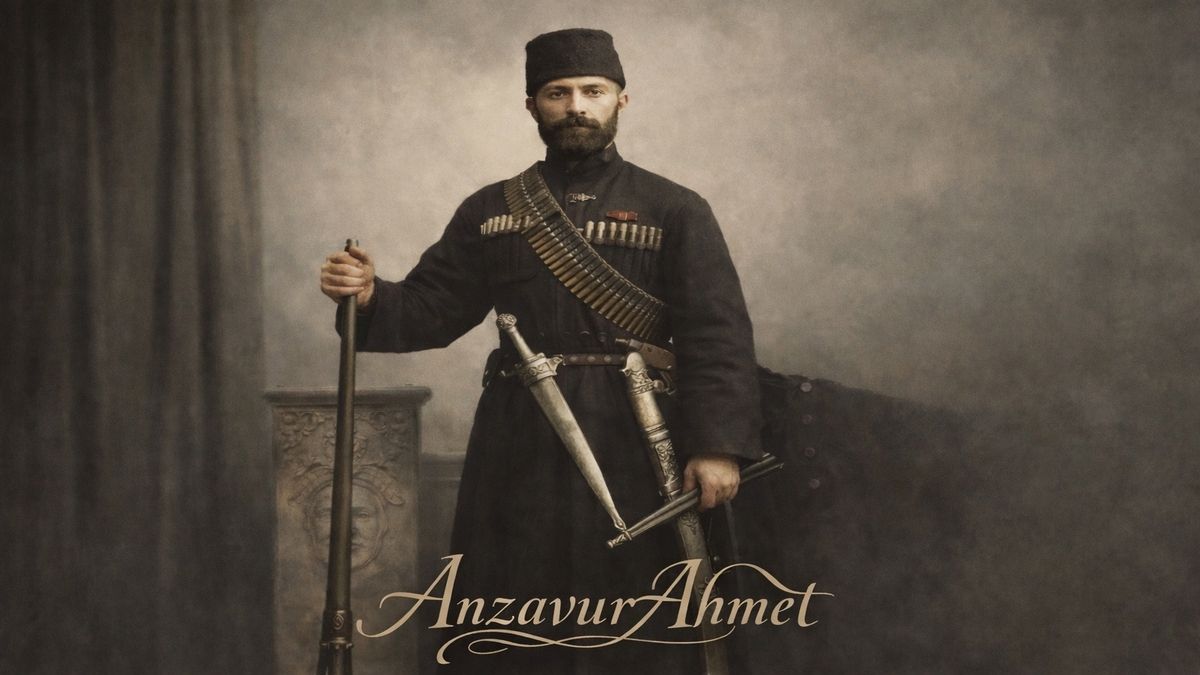 Anzavur Ahmet Paşa’nın silahlı halde ayakta durduğu, Osmanlı dönemi askerî kıyafetleriyle betimlenen tarihsel portre çizimi.