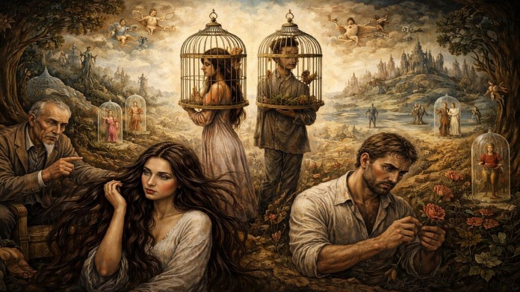 Babam Derdi Ki şiirini alegorik biçimde resmeden Bosch tarzı sahnede, kadın ve erkek figürleri toplumsal beklentiler ve sansürlenmiş aşk metaforlarıyla gösteriliyor.