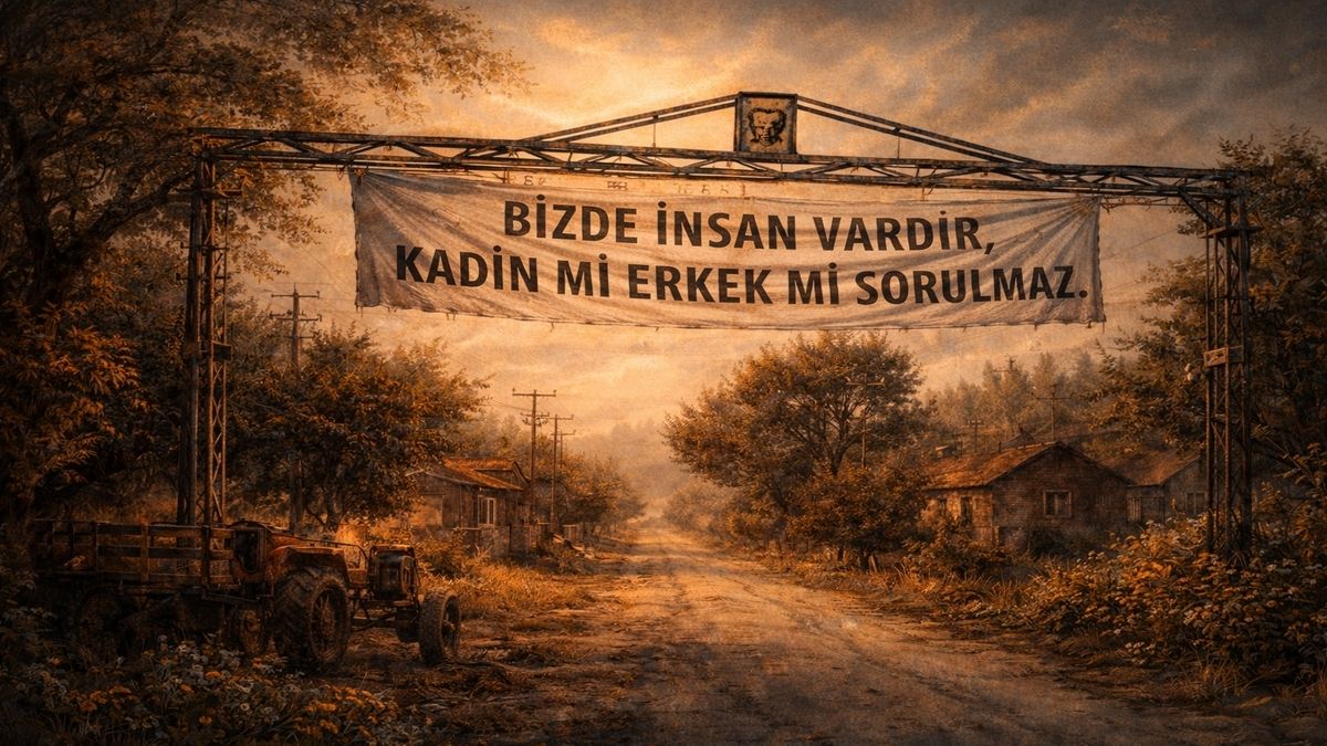 Bahadın Kasabası girişinde asılı “BİZDE İNSAN VARDIR, KADIN MI ERKEK Mİ SORULMAZ” yazılı pankart, toprak yol, eski evler ve Anadolu kasaba atmosferi